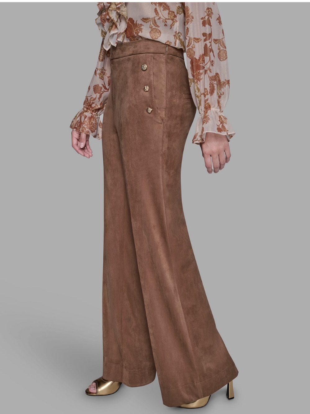 Karl Lagerfeld Brown Wide-Leg Faux Suede Pants in Camel Brown NWT - Picture 3 of 9